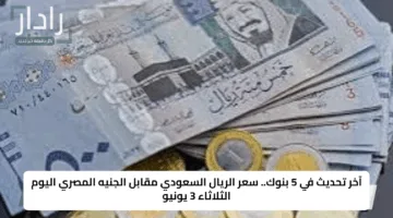 آخر تحديث في 5 بنوك.. سعر الريال السعودي مقابل الجنيه المصري اليوم الثلاثاء 3 يونيو