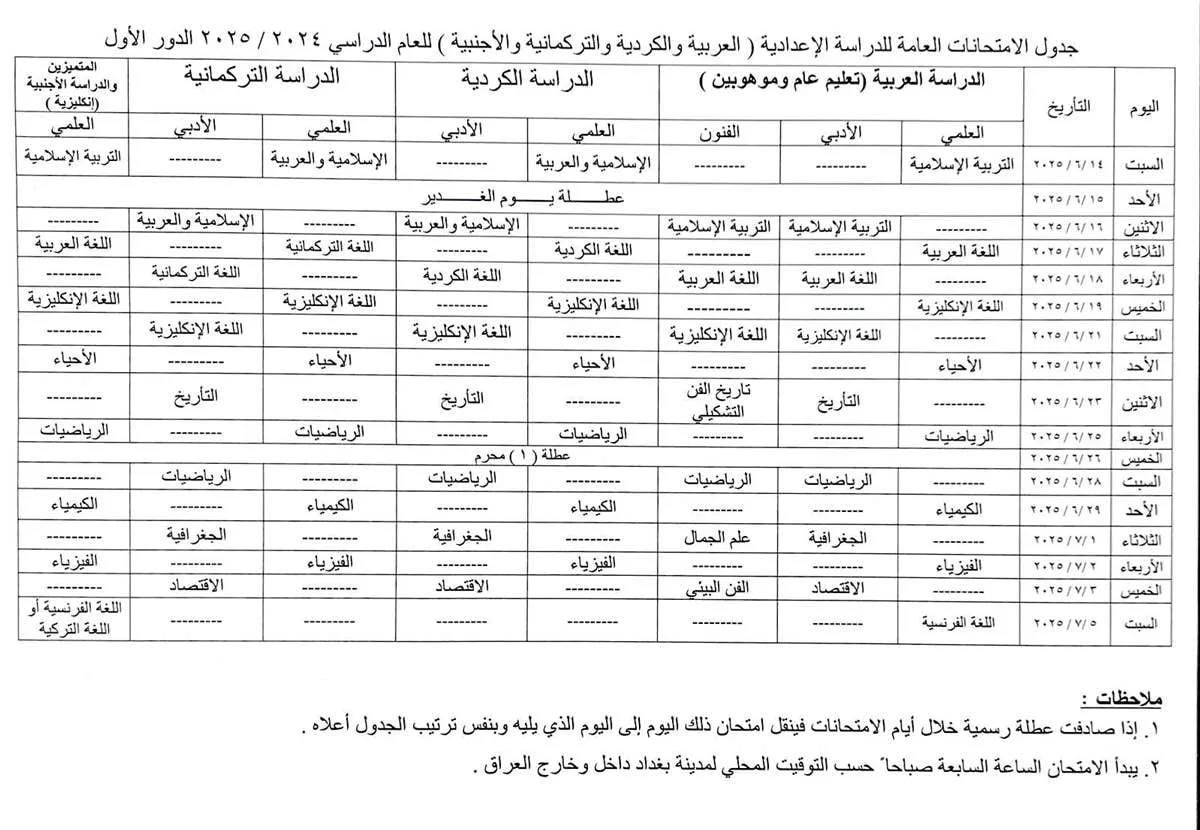 "رسمياً".. جدول امتحانات السادس الإعدادي 2025 بعد تعديل مواعيده بسبب عطلة مفاجئة