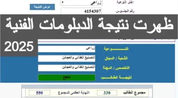 عاجل | استعلام عن نتيجة الدبلومات الفنية 2025 برقم الجلوس والاسم عبر بوابة التعليم الفني
