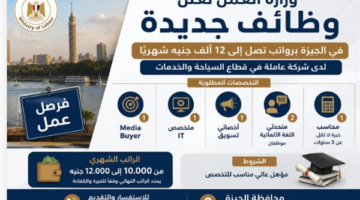وزارة العمل توفر فرص عمل في الجيزة برواتب تبلغ 12 ألف جنيه